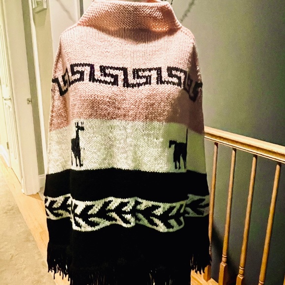 Vintage Hand Knitted Cape/Poncho Pullover | Black/White/Pink | Size: OS - Picture 7 of 14